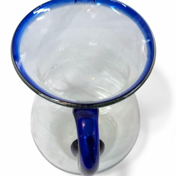 Hand Blown Art Glass Pitcher Cobalt Blue Rim Studio Glass Decor Collectible Vase - Picture 12 of 16